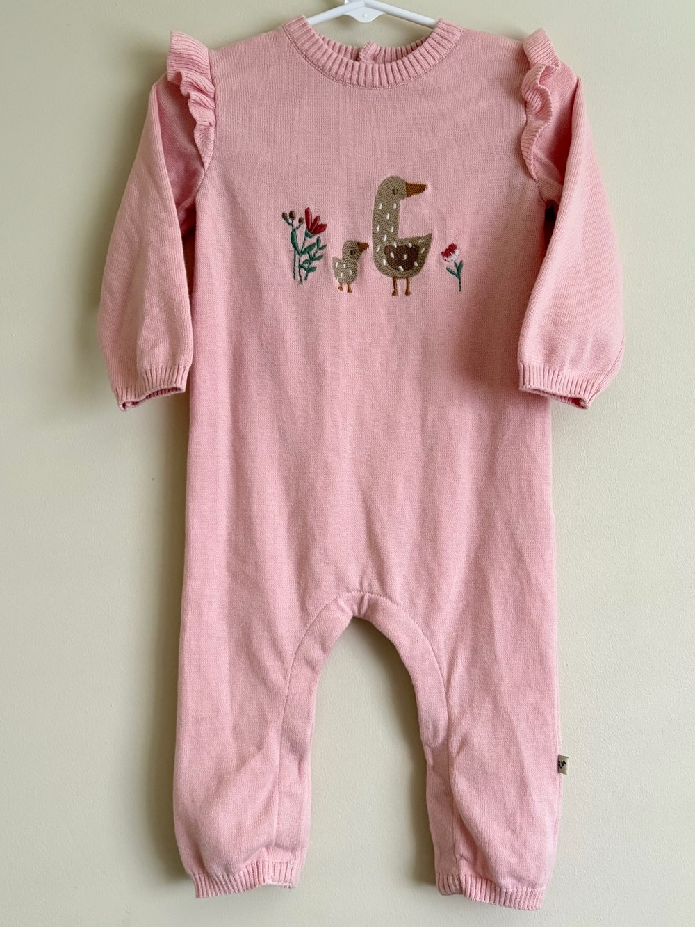 Organic Cotton Knit Pink Baby Jumpsuit with Duck Embroidery and Ruffle details